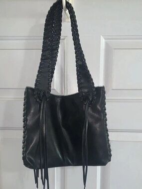 Vintage Express Black Faux Leather Whipstitch Bag 90s Y2K Boho Moto Handbag